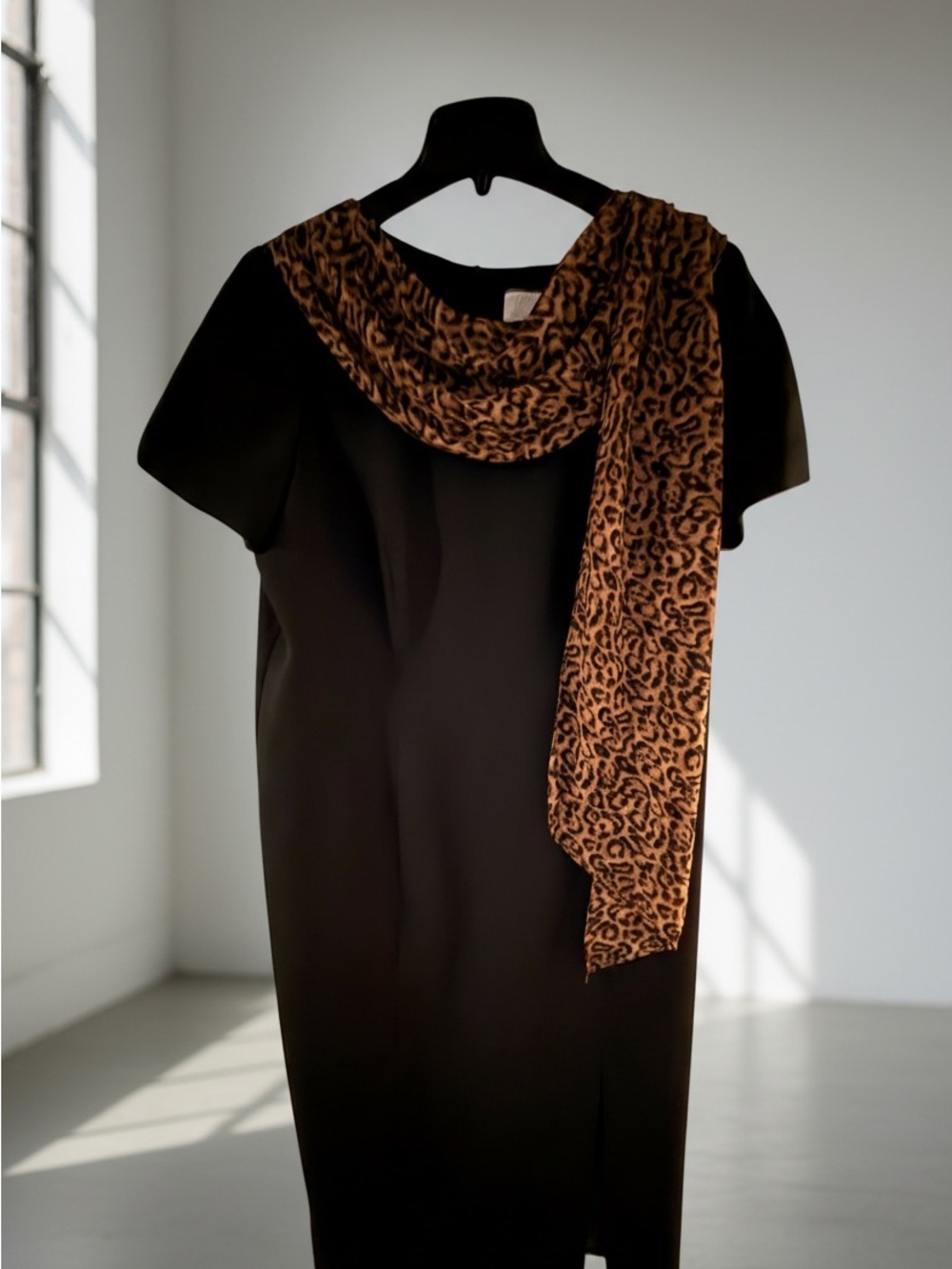 Studio C Black Midi Dress with Brown Animal Print Leopard Collar